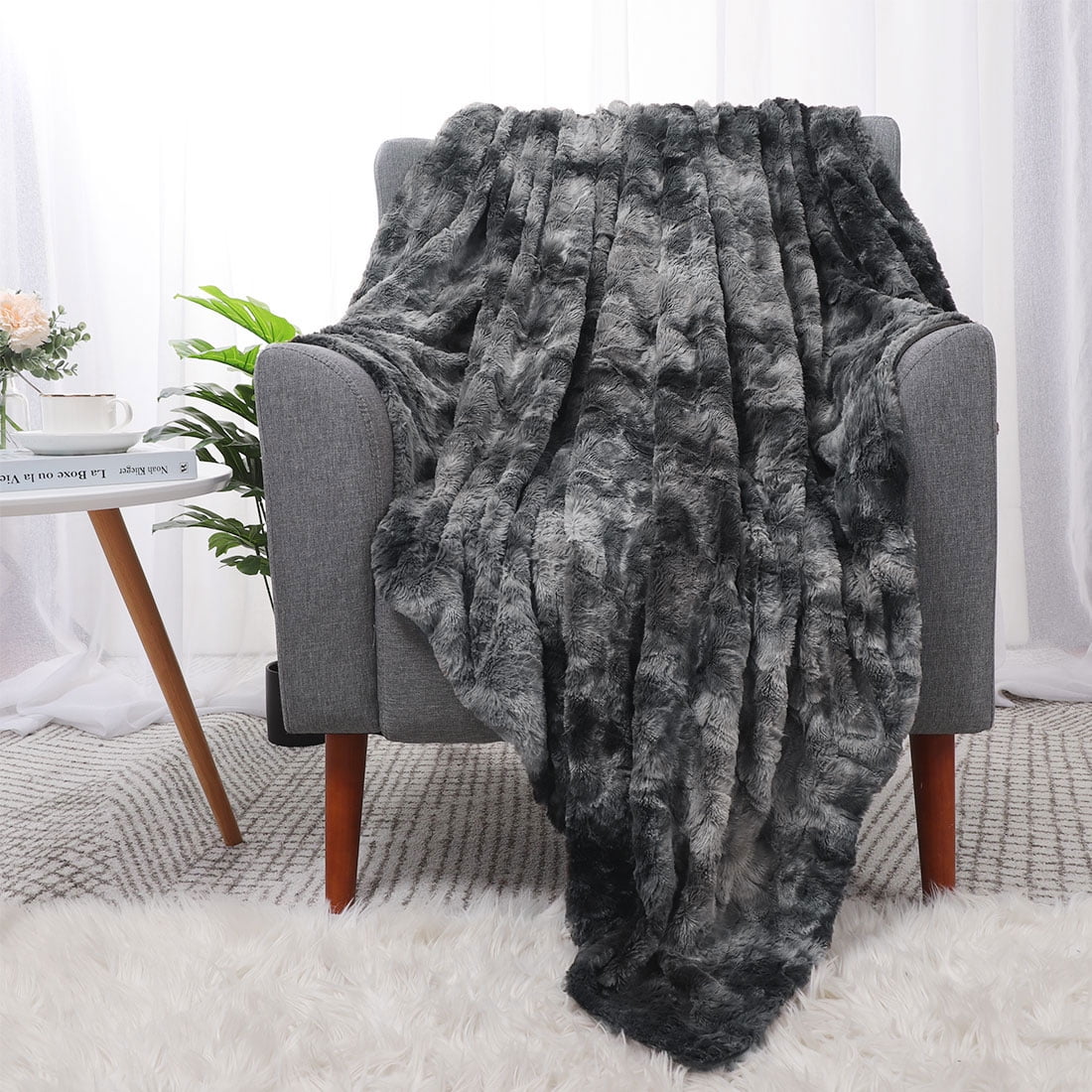 Unique Bargains Soft Fluffy Shaggy Faux Fur Blanket, Throw, Black