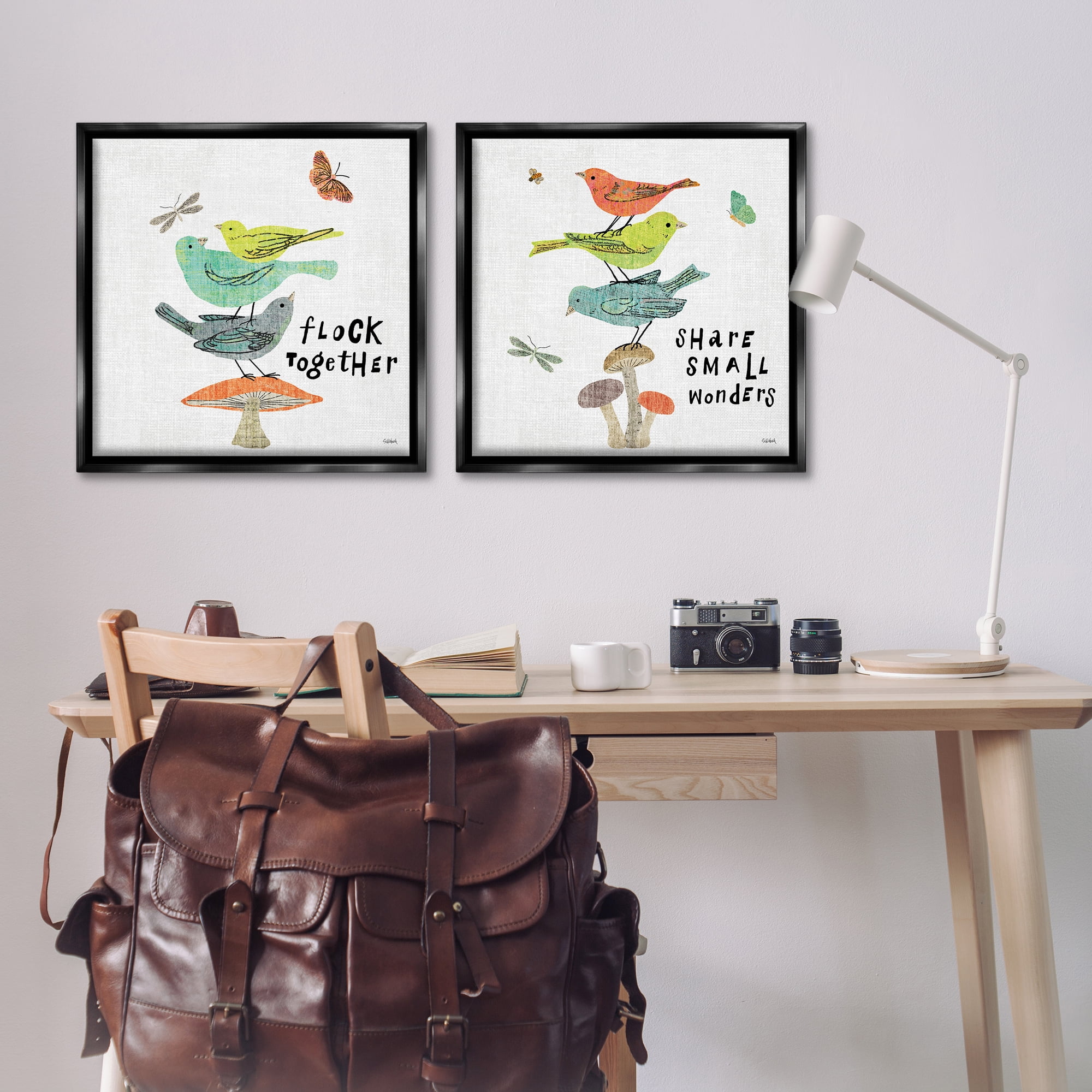 Stupell Industries Flock Together Share Birds Animals Painting Black Floater Framed Canvas Art Print Wall Art, 25 x 25, Set of 2