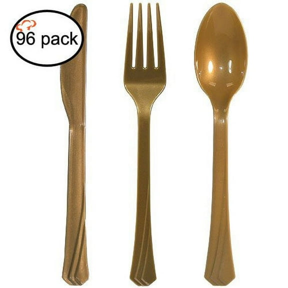 Tiger Chef Plastic Cutlery Set Heavy Duty Colored Plastic Silverware - Includes 32 Forks, 32 Teaspoons, and 32 Knives (Gold, 96)