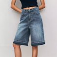 thumbnail image 2 of SONXAHE Women's High Waist Denim Shorts Raw Hem Street Daily Knee Length Jorts, 2 of 8