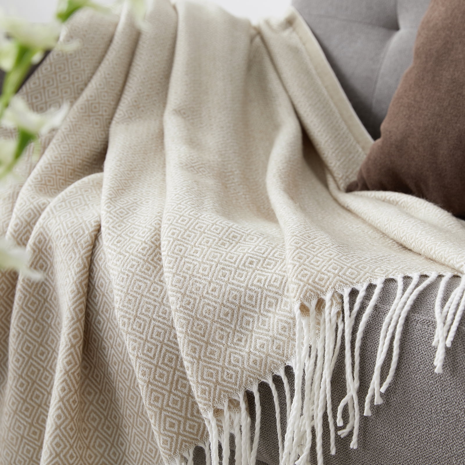 Bourina Herringbone Beige Throw Blanket for Couch, Suitable for Adult, Soft and Lightweight, 50"x 60"