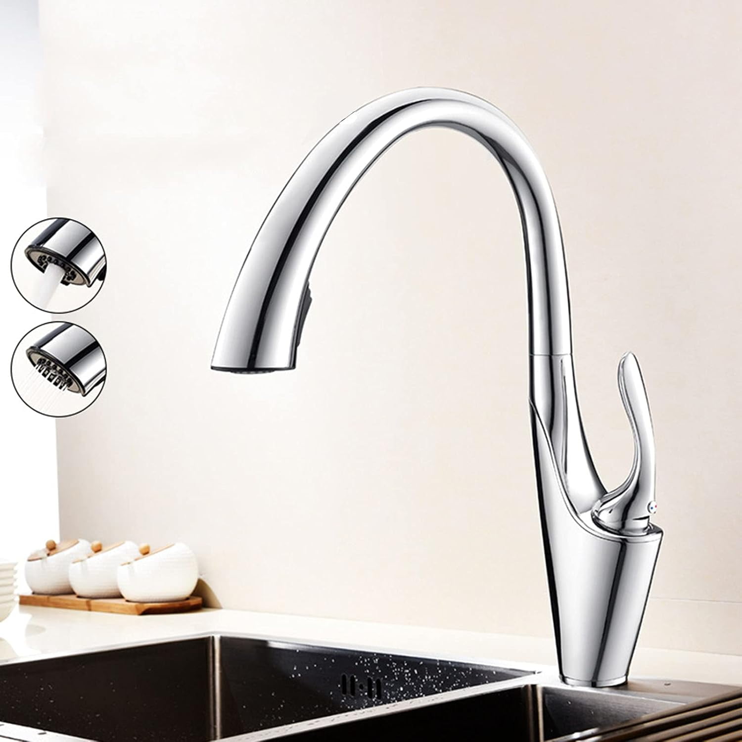 Kitchen Sink Solid Brass Hidden Pull-Out Kitchen Faucet with Dual-Function Sprayer, Swivel Single Handle Hot and Cold Water Kitchen Mixer Tap,Black