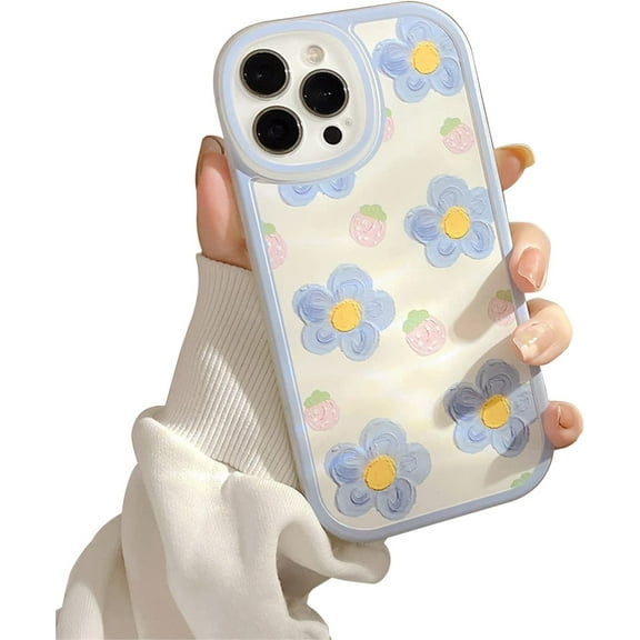 Compatible with iPhone 13 Pro Max Case Thin for Women Girls,Soft Flexible Frosted TPU Clear Strawberry Flower Case Slim Anti-Scratch Shockproof Cute Floral Case for iPhone 13 Pro Max-Blue