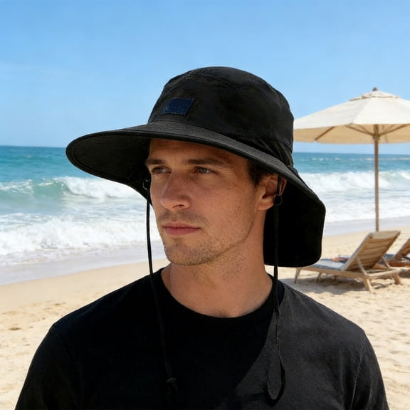 PoyoKee Hiking Hat, Wide Brimmed Windproof Sun Hat, Breathable Fisherman Sun Hats for Men Women with Shawl, Beach Hat for Travel Essentials, Black