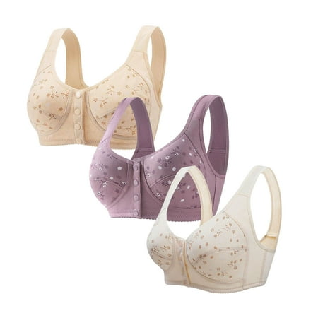 Ecqkame 3Pc Bras for Women No Underwire Wireless Lace Comfortable Breathable Bra Front Closure Push Up Plus Size Bras 3PC White L on Clearance