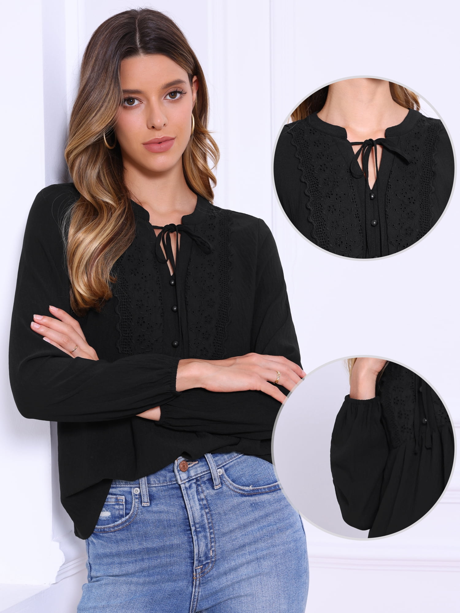 DARING DIVA Women's Tie Front Casual V Neck Blouses S Black