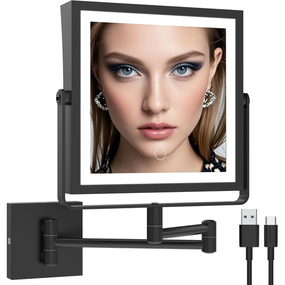 Rechargeable Wall Mounted Makeup Mirror with Lights, Double Sided 1X/10X Magnifying Vanity Mirror with 3 Color Lighting, Touch Screen Dimmable, 360° Rotation Extension Foldable Arm(Matte Black)