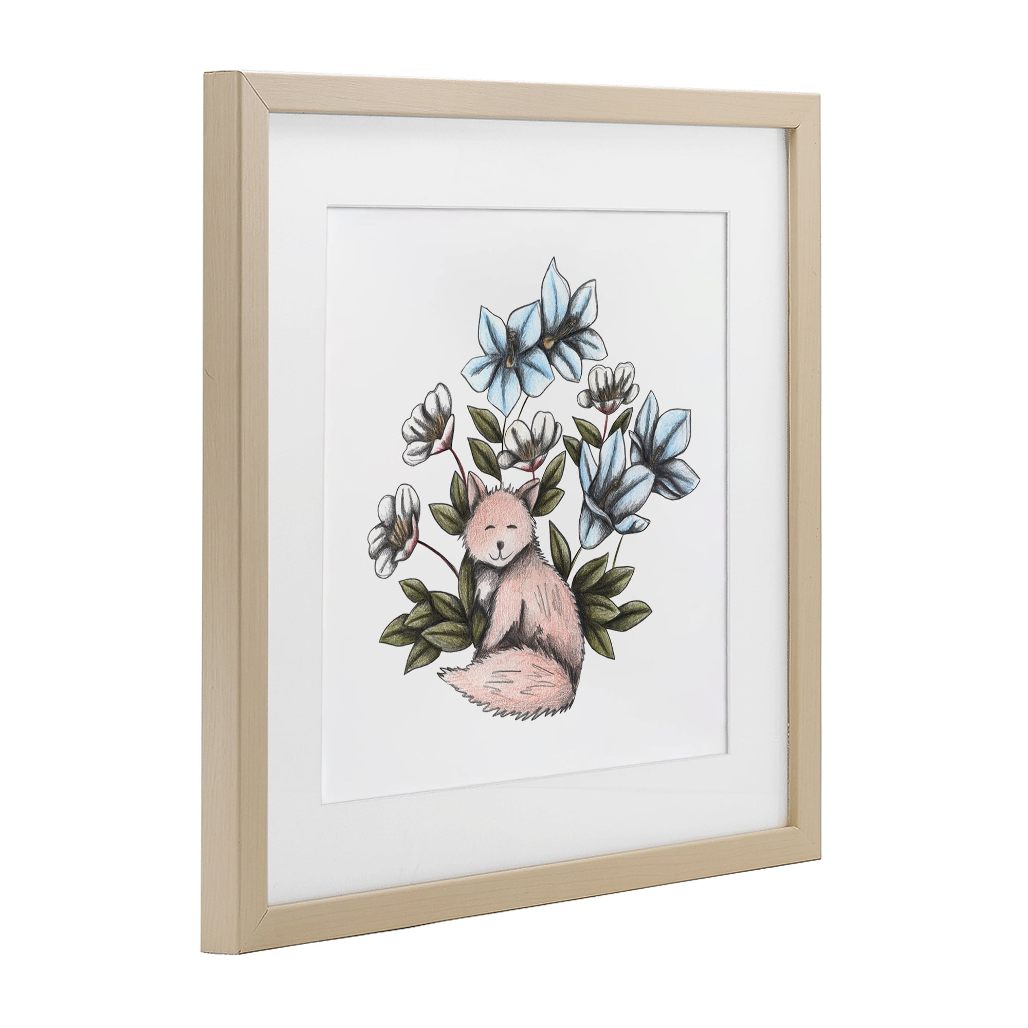 Gentle Fox with Flowers Birch Framed Print Under Glass, design by Cecilia Battaini