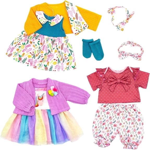 ECORELF 9 Pcs Baby Doll Clothes and Accessories for 20-22 inch Dolls - 3 Outfit Sets Including Dress Coat, Headbands, Socks, Top & Pants