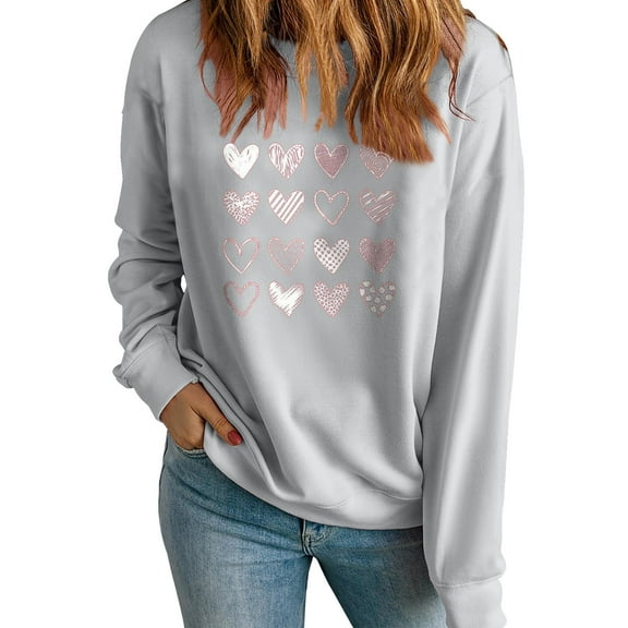 ibuvkizy Womens Valentine's Day Sweatshirt Women's Round Neck Lover's Love Print Sweatshirt Long Sleeved Pullover Top/shirt Gray,XS