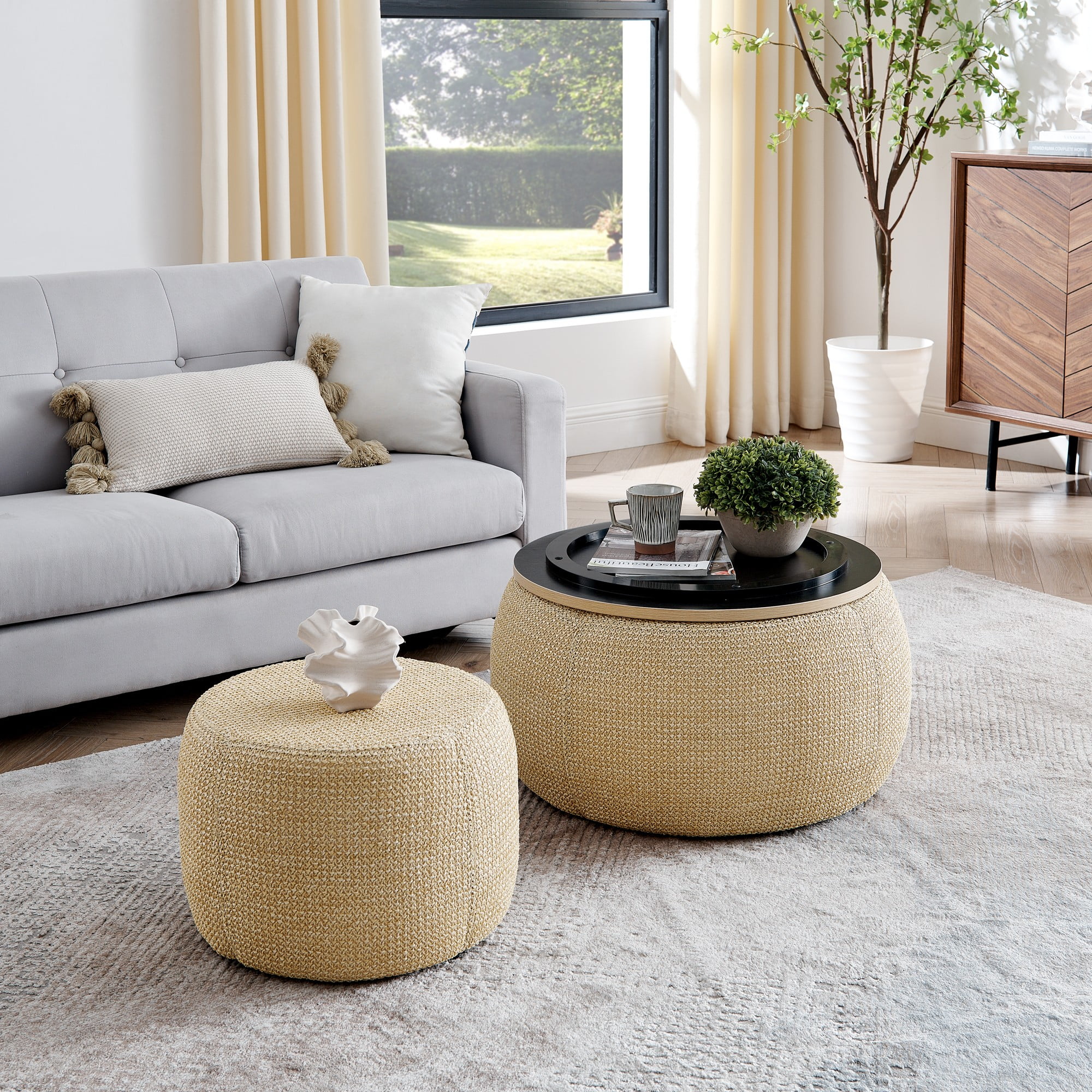 Aukfa 2pc Round Storage Ottoman, Woven Rattan Pouf Foot Rest