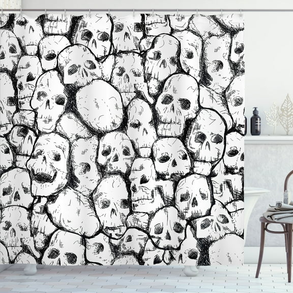 Ambesonne White Shower Curtain, Grungy Skulls Halloween, 69"Wx84"L, White Black