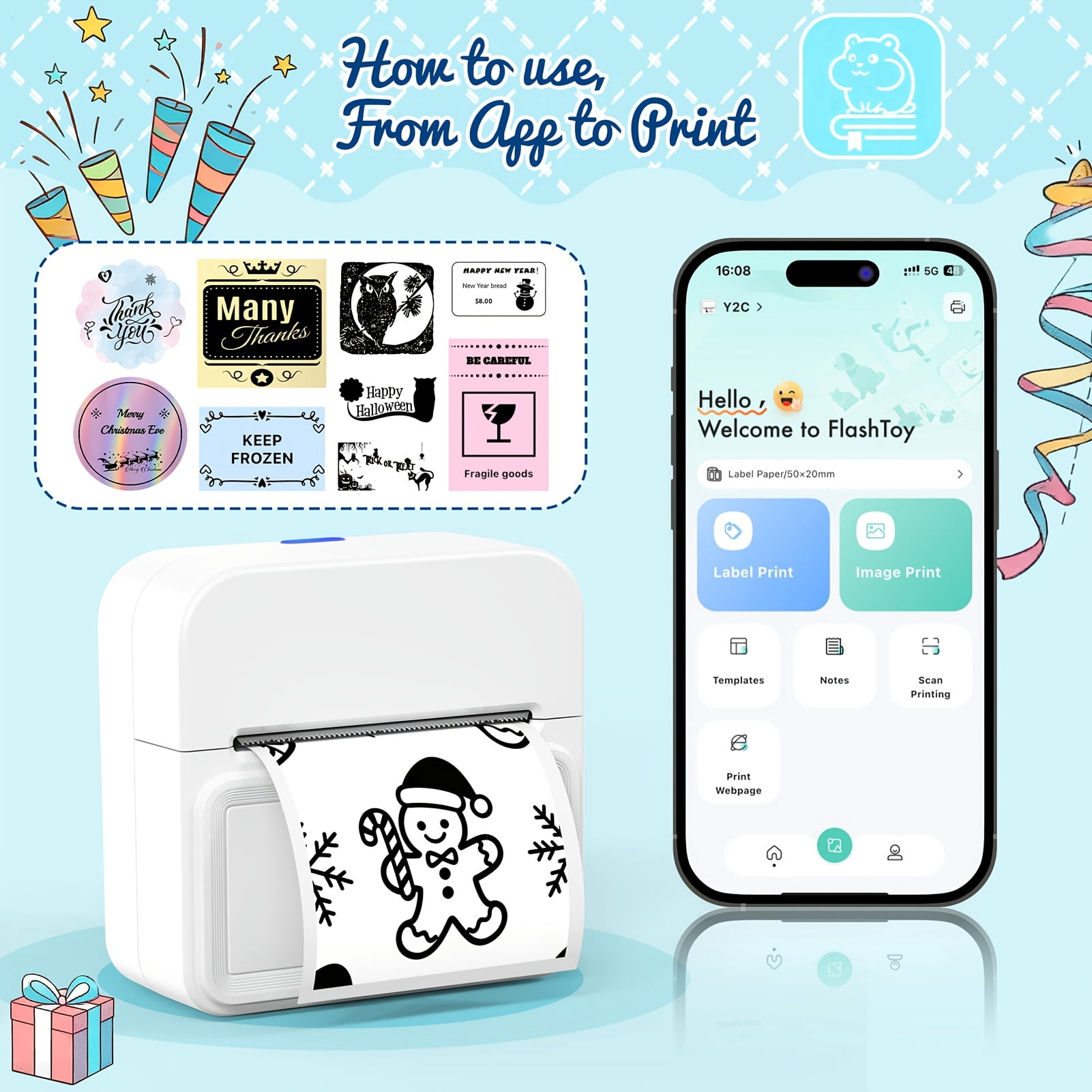 Sticker Printer, Portable Pocket Thermal Printer with 1 Roll Of Sticker Paper, Inkless Sticker Maker, Label Printer for Notes, Checklists, Mind Maps, DIY Home  Printer