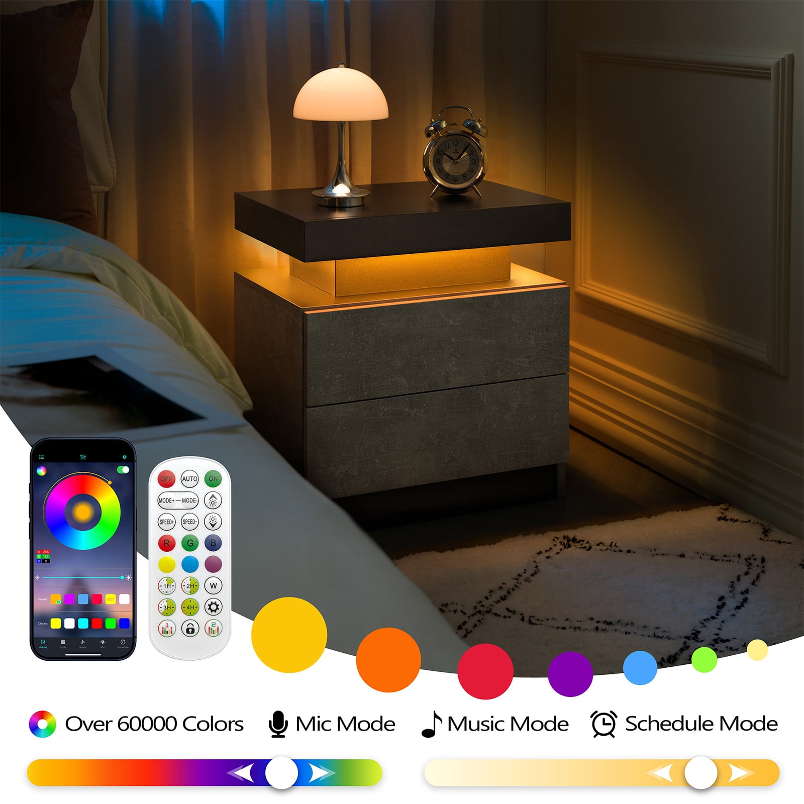 Leumius 2 Drawer Modern Nightstand with LED Light Small Bedside Tables End Side for Bedroom,Black+ Gray