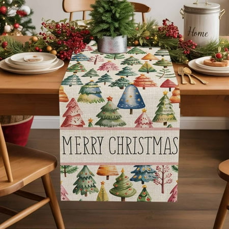 Vintage Watercolor Christmas Tree Table Runner 13x72in Non-Slip Cotton Linen Table Runners Merry Christmas Dresser Scarves TableRunner for Dinner Kitchen Dining Wedding Party