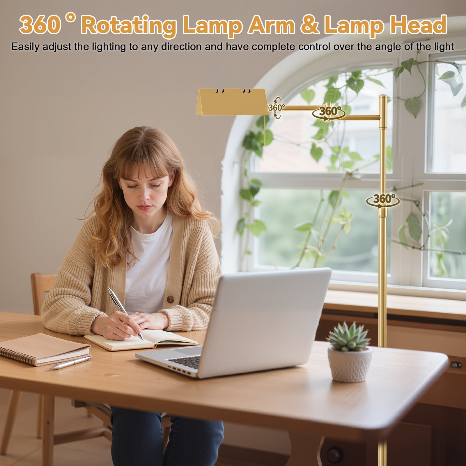fukursul LED Floor Lamp, 57" Metal Floor Lamp for Living Room with Adjustable Height Swing Arm Head 3 Color Temperatures, Golden Standing Pole Lamp for Office Bedroom Reading