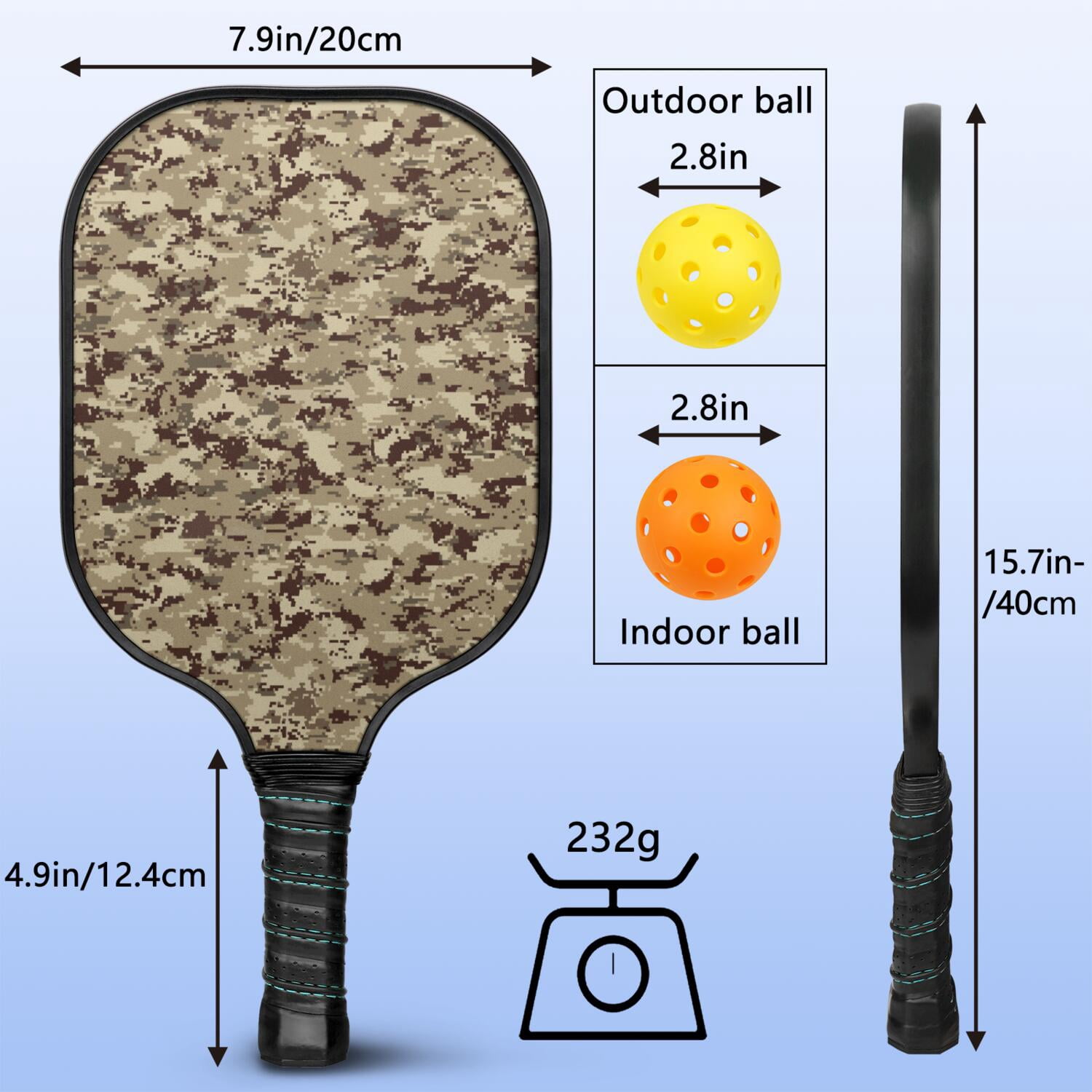 Pickleball Paddles Set Of 1, Fiberglass Surface, Camouflage Print, 1 Paddle, 2 Balls & Bag