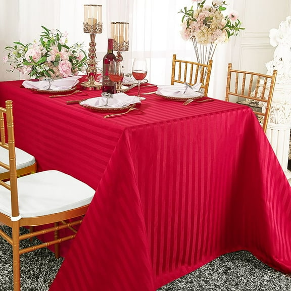 Wedding Linens Inc. 90"x 132" Rectangular Striped Banquet Jacquard Polyester Tablecloths - Apple Red