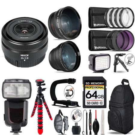 Nikon NIKKOR Z 26mm f/2.8 Lens+ Pro Flash + LED Light + Tripod - 64GB Accessory Bundle
