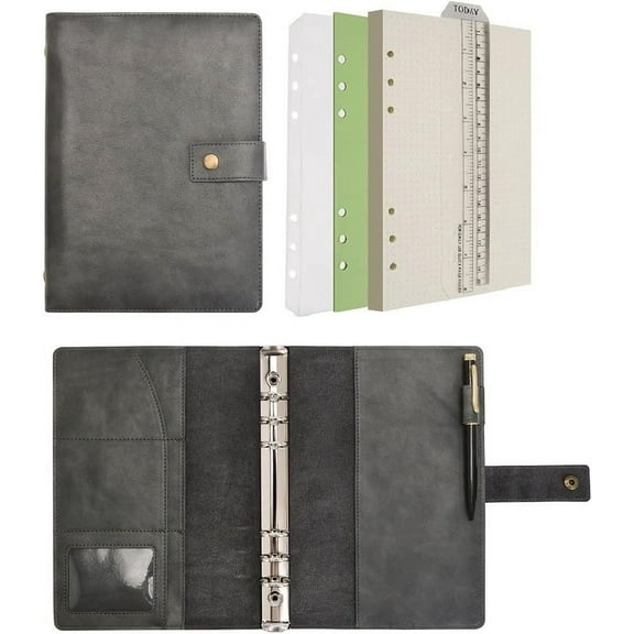 Wonderpool Leather Journal Refillable Notebook Spiral Diary Binder Portfolio - A5 Dotted Paper & Inner Pockets for Organizer (Grey, A5)