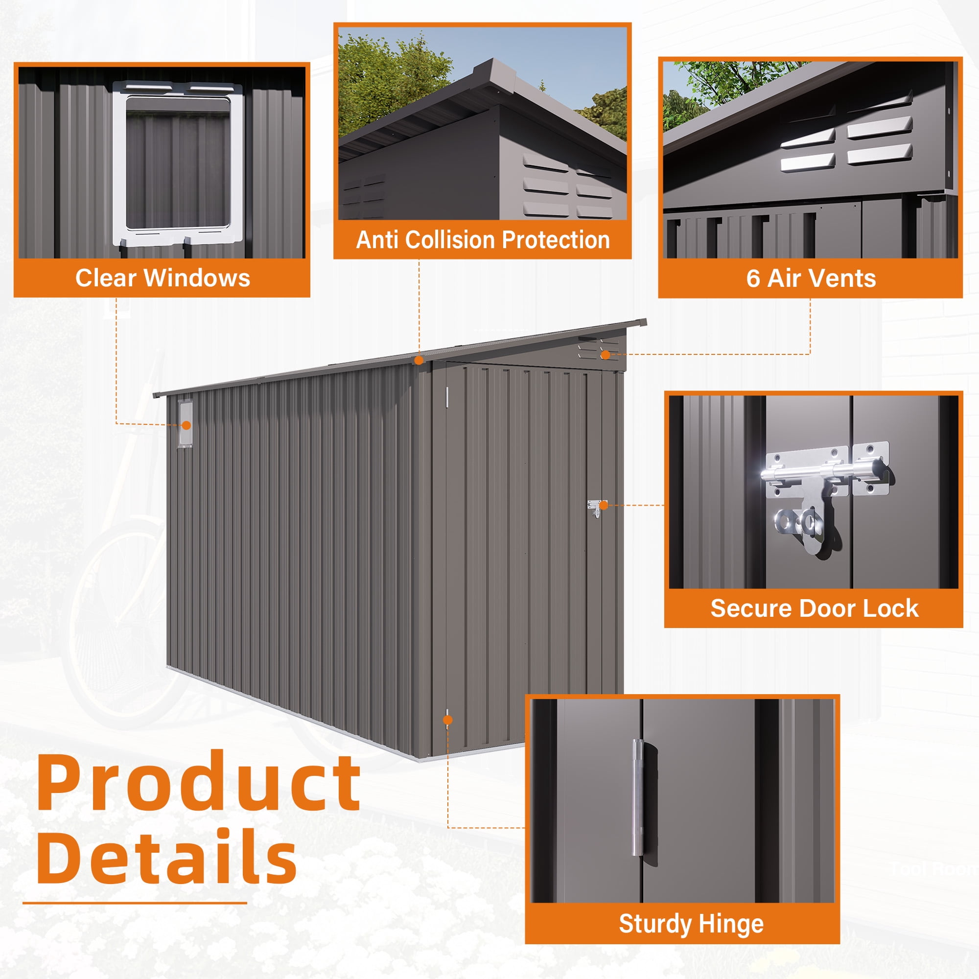 4x9 FT Outdoor Storage Shed, Metal Garden Shed with Sloping Roof & Side Door, 2 Air Vents, Weather-Resistant Steel Tool House for Backyard, Patio, Lawn - Gray