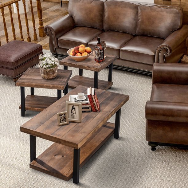 Harper&Bright Designs Industrial Pine Wood Coffee Table 3Piece Set