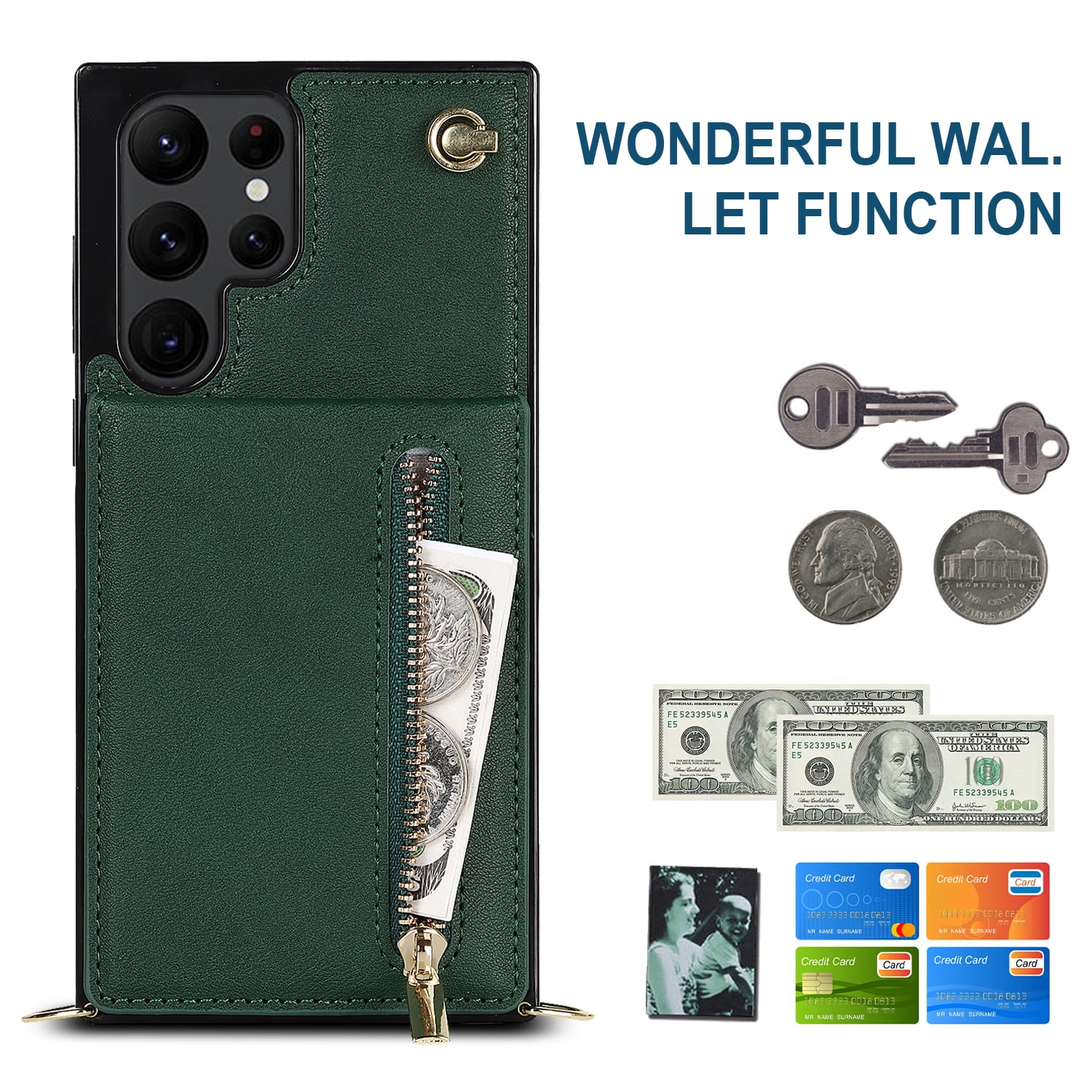 Dteck Flip Leather Wallet Case for Samsung Galaxy S24 Ultra, Crossbody Wallet Case with Credit Card Holder Zipper Pocket Lanyard Shoulder Strap, Kickstand Phone Cover for Samsung S24 Ultra,Green