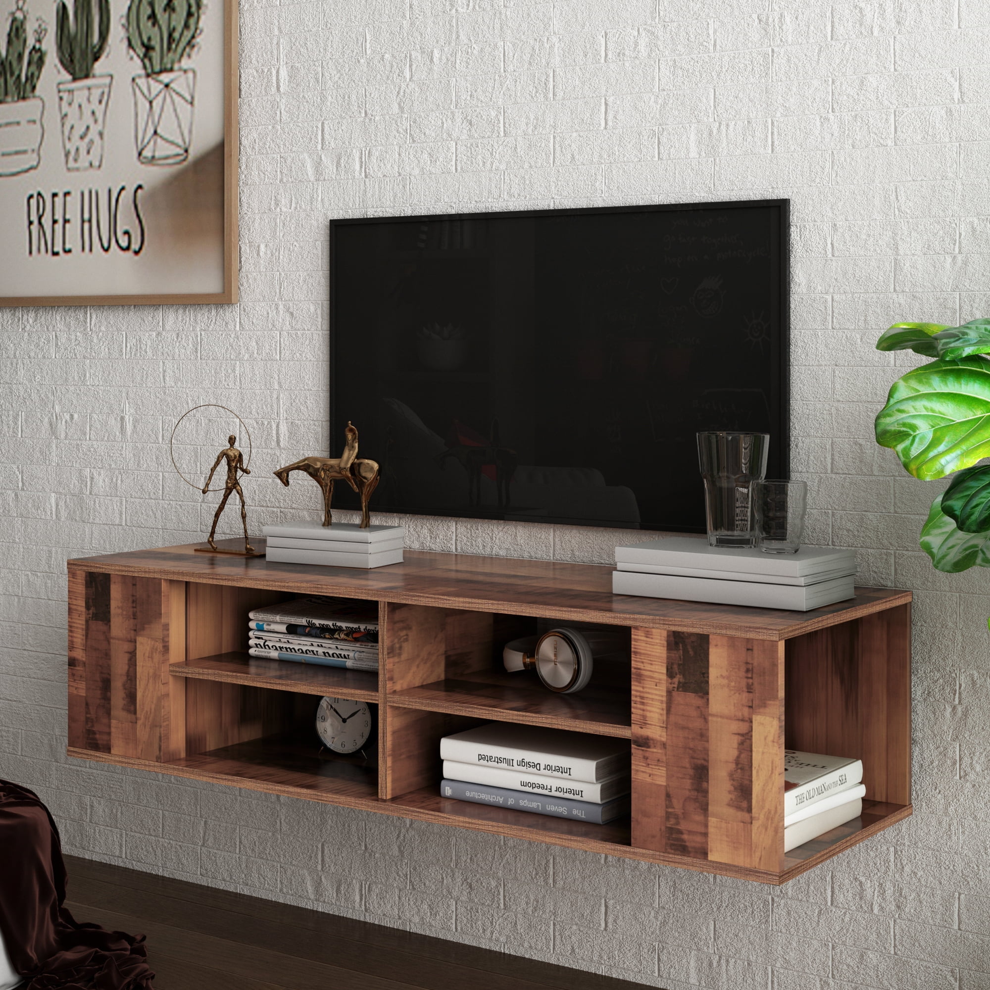 Resenkos Modern Wood Wall Mounted Media Console, 47inch Floating TV Stand Component Shelf with Height Adjustable, Brown Resenkos Modern Wood Wall Mounted Media Console, 47inch Floating TV Stand Component Shelf with Height Adjustable, Brown