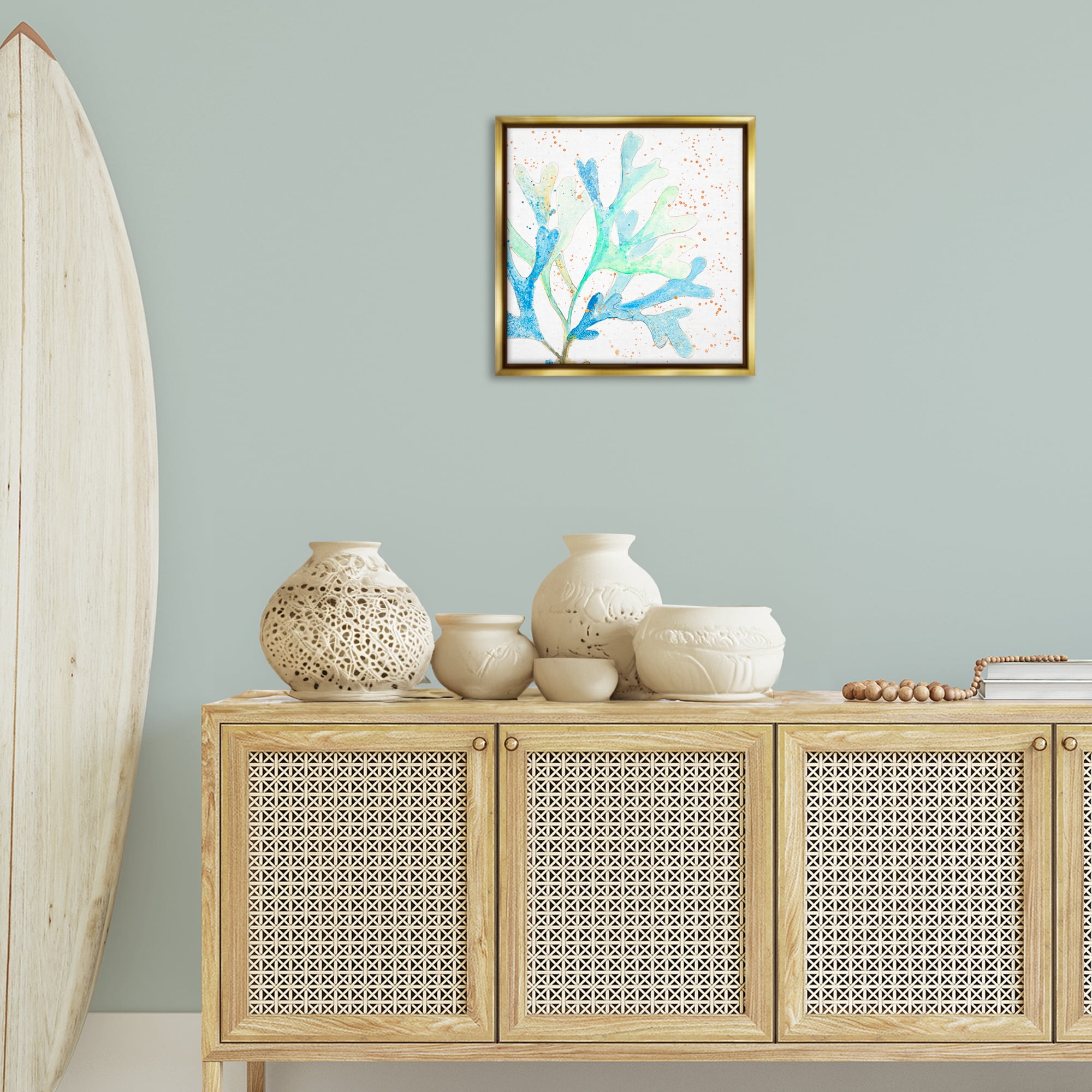Stupell Industries Speckled Modern Coral Coastal Painting Gold Floater Framed Canvas Art Print Wall Art, 18 x 18