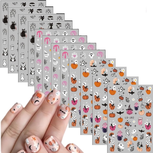 Adhesivo para uñas de Halloween Tnbuokas, 12 hojas, autoadhesivo 3D