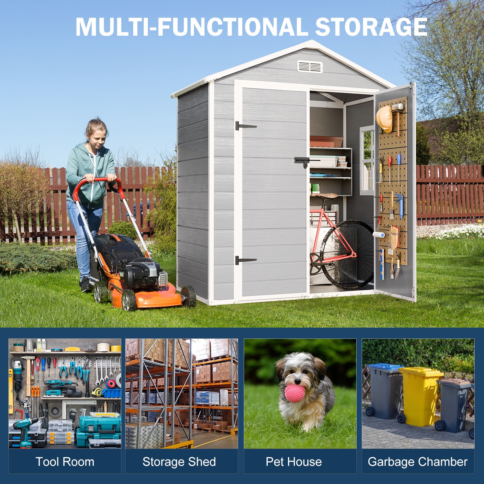 JULY'S SONG 6x3 FT Resin Shed, All-Weather Plastic Storage Shed with Floor, Lockable Outdoor Sheds, Waterproof Garden Tool Shed for Backyard, Gray