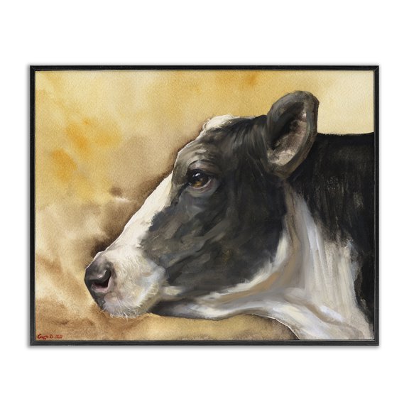 Stupell Industries Farmhouse Pensive Cow Portrait Farm Animal Over Brown Black Framed Giclee Art, 14 x 11, by George Dyachenko