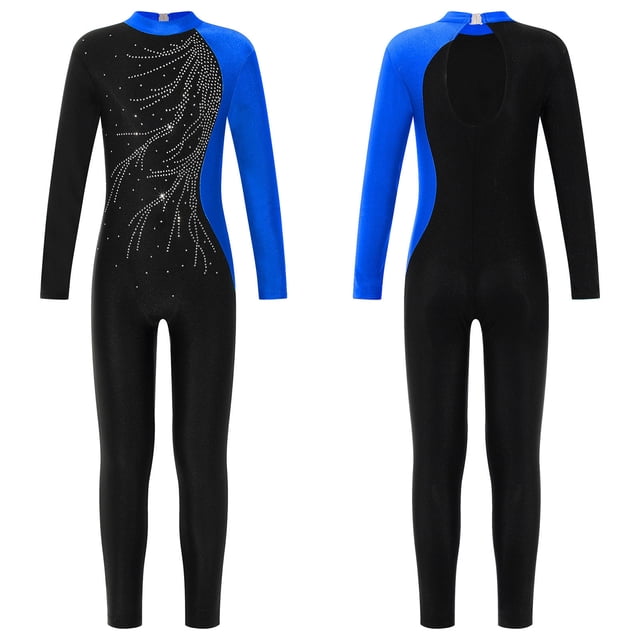 RUNQHUI Combinaison de Danse Intégrale avec Strass pour Filles, une Pièce, Patinage sur Glace, Ballet, Justaucorps Bleu 10