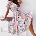 thumbnail image 4 of Womens Dresses Vacation, Womens Summer A-Line Sundress V Neck Short Sleeve Floral Printed Casual Swing Midi Dress with Belt, 4 of 8