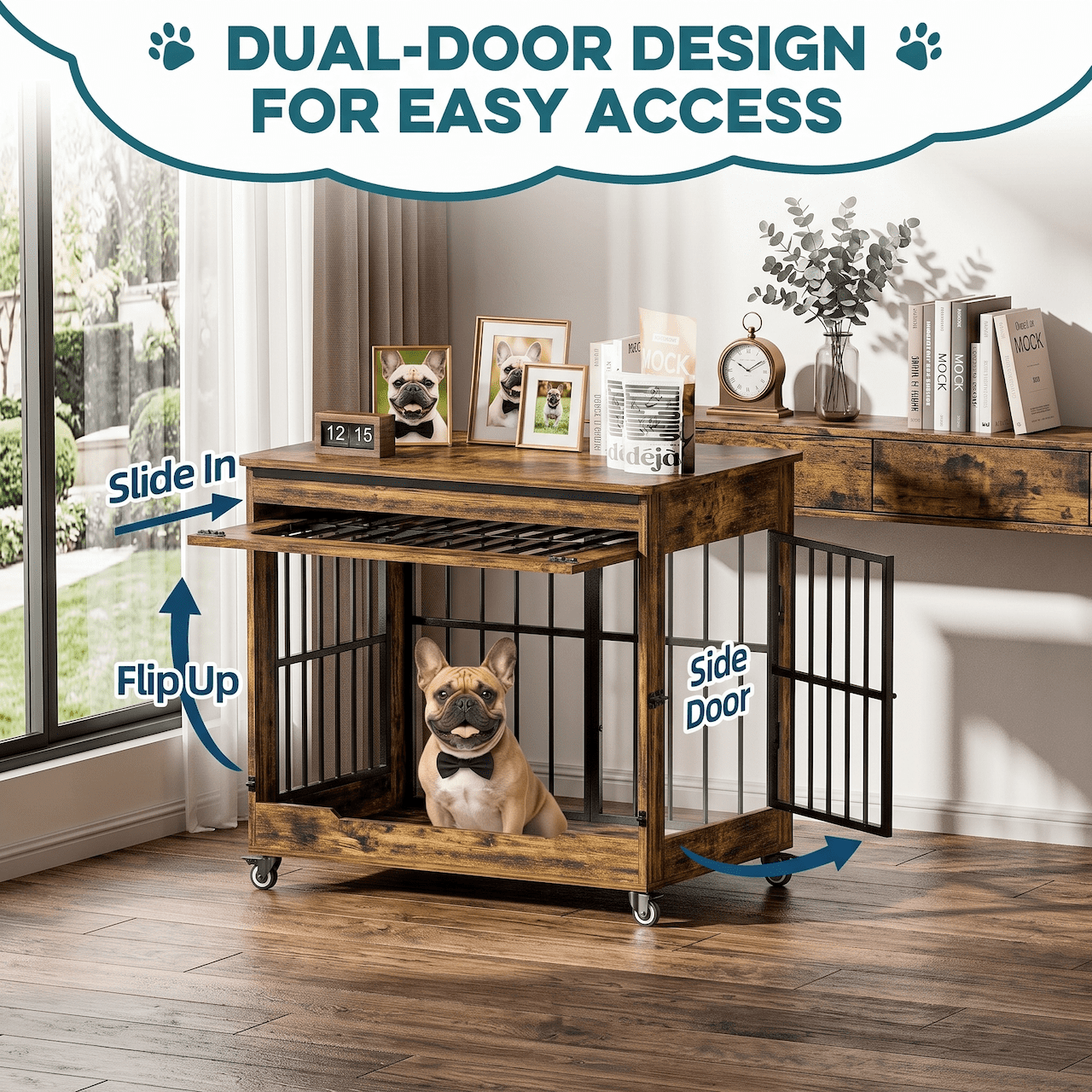 Xiweot 32" Dog Crate Furniture, Wooden Dog Kennel with Double Doors & Wheels, Indoor Pet Cage End Table for Small & Medium Dogs, Dog Kennel Furniture with Privacy Curtain, Size M, Rustic Brown