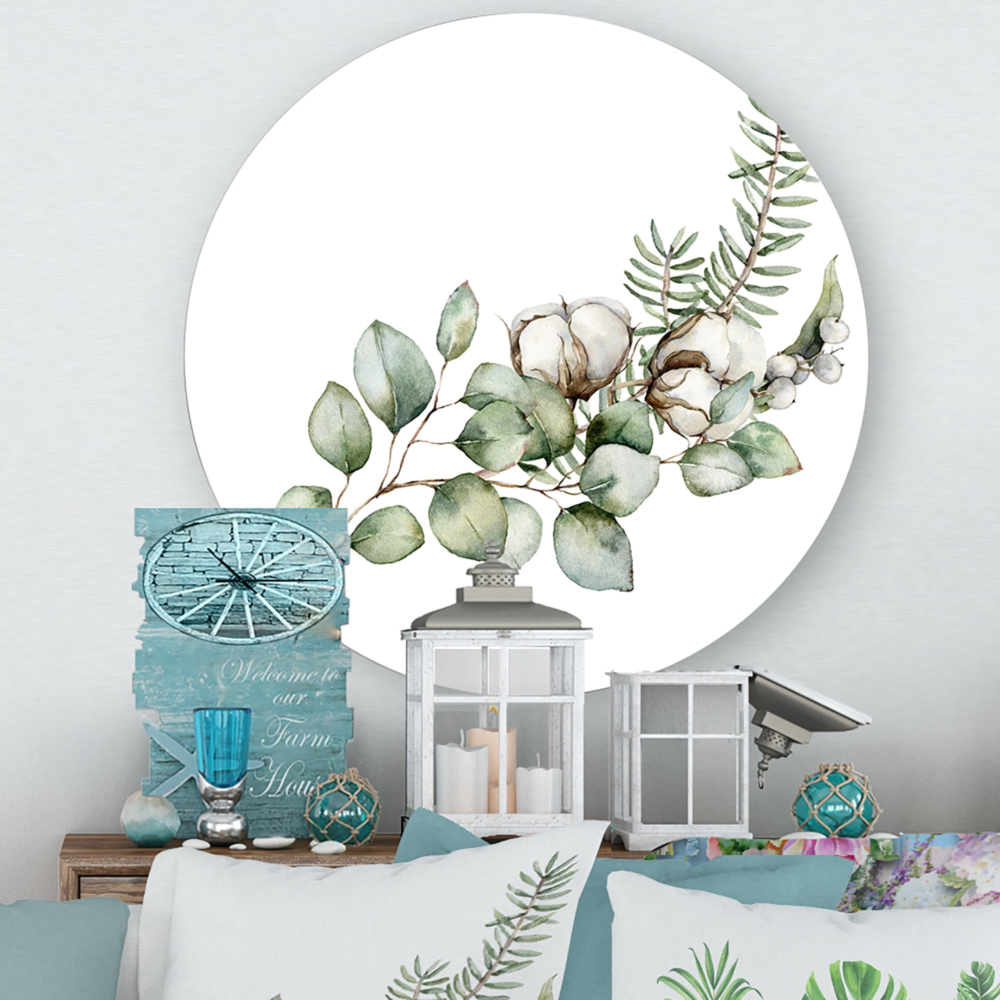 Designart 'Eucalyptus Branches With Christmas Bouquet' Traditional Circle Metal Wall Art 23x23 - Disc of 23