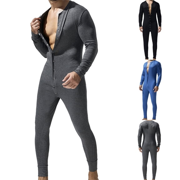 Mens Long Sleeve Onesie Henley Jumpsuit One Piece Pajamas thermal Full Button Union Suit Stretchy Cotton One Piece Garment with Button Flap Size 2XL Gray