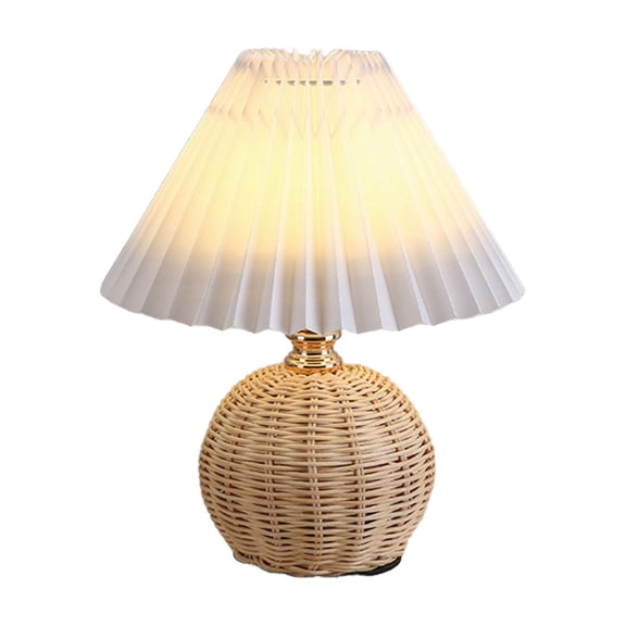 Pleated Table Lamp, Modern Simple Rattan Metal Base Bedside Lamp with Lampshade Desk Light for Bedroom Decor