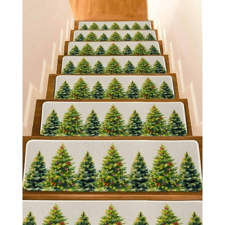 Christmas Snowflakes Stair Treads for Wooden Steps Indoor Runner Rug Carpet Xmas Winter Green Pine Trees Beige 15 Pieces Peel and Stick Staircase Step Treads Covers Washable Throw Door Mats 30 x8