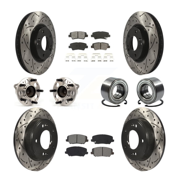 Transit Auto Front Rear Wheel Hub Bearings Assembly Coated Disc Brake Rotors and Semi-Metallic Pads Kit (10Pc) for Car 2017 Kia Forte Koup Turbocharged - Left Right Side (Driver Passenger) KBB-115149