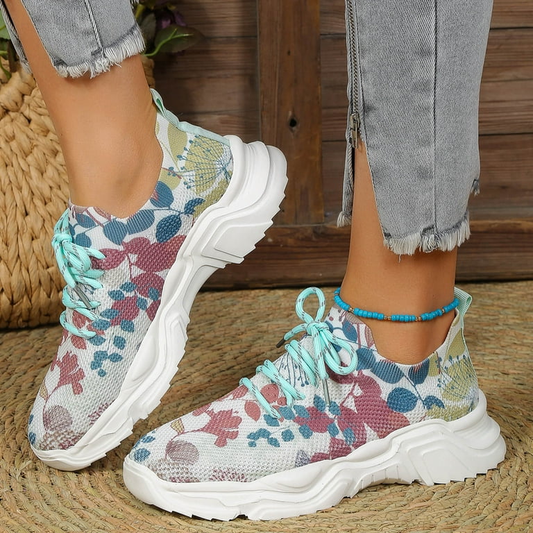 Trail Running Shoes Fashion Walking Hiking Sneakers Cross Training Shoes Ladies Breathable Mesh Floral Print Lace Up Thick Sole Sports Outdoor Snearker Casual Workout Footwear Walmart
