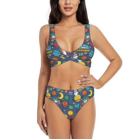 Zeuib Cartoon Space High Waisted Tummy Control Bikini Set - Knot Front Push Up Top & Cheeky Thong Bottom  Two-Piece Swimsuit for Women-Medium