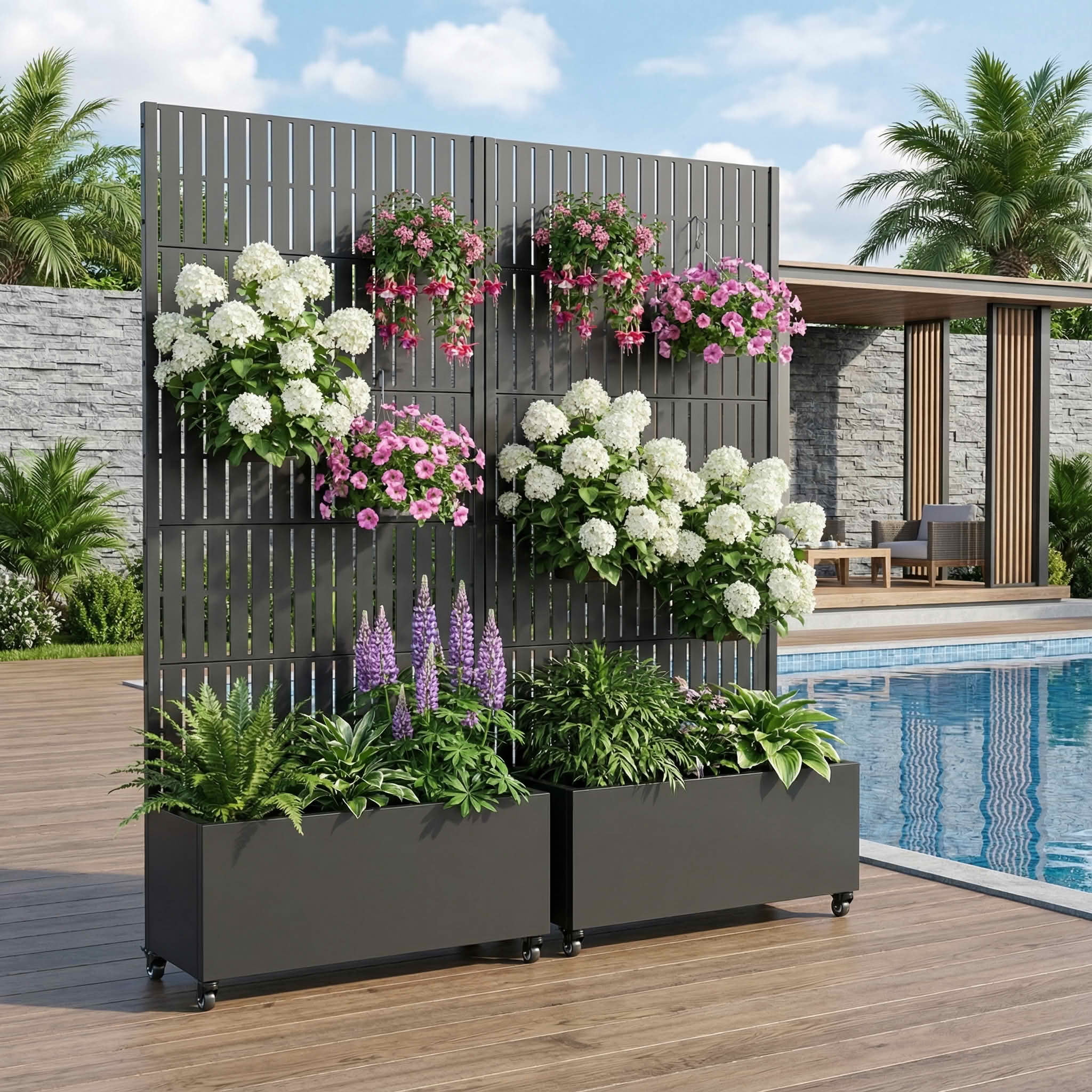 MAYEERTY 72X35" Metal Outdoor Black Privacy Screen with Planter Box for Backyard & Garden, 5 Piece Set, Double‑sided Installation