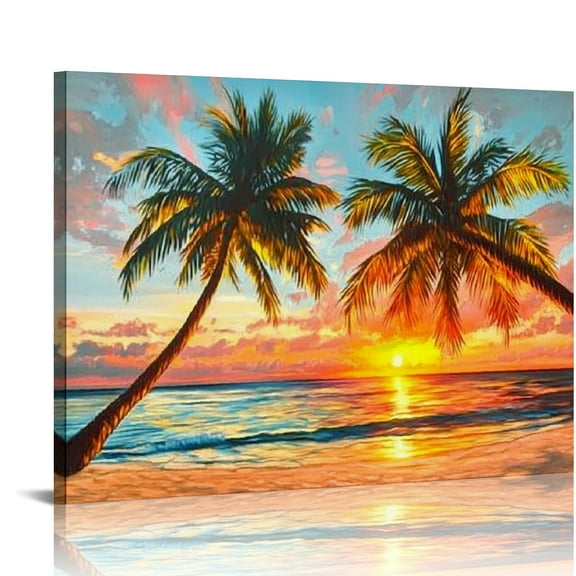 Autua Sunset Palm Trees Beach Canvas Wall Art for Living Room Decor 20x16in