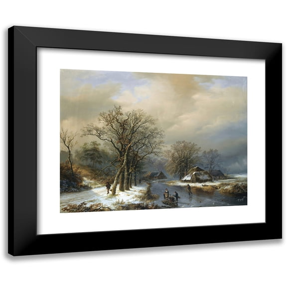 Willem Bodeman 14x12 Black Modern Framed Museum Art Print Titled - A Winter Landscape with Woodgatherers on the Ice