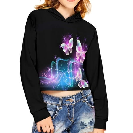

Renewold Y2K Hoodies Cute Crop Tops for Teen Girls 7-8 Years Fluttering Fluorescent Butterflies Print Sweatshirt Long Sleeve Pullover Clothes Fall Winter Outdoor Jacket