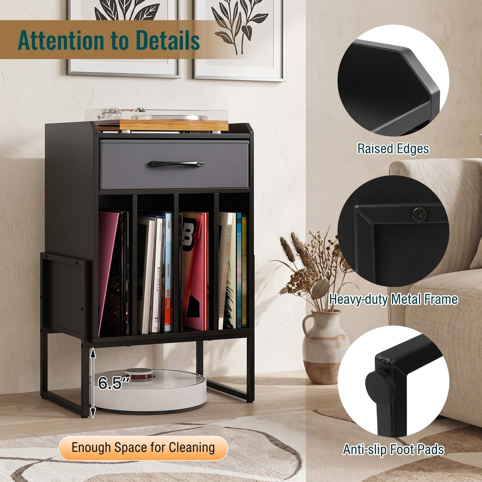 Furnibear Record Player Stand with Storage Drawer and Vinyl Record Holder, Turntable Table with Metal Frame and Wide Top for Living Room Music Room Study, Black
