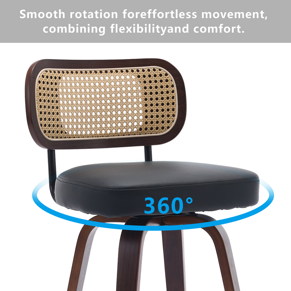 thumbnail image 3 of Bocarali 26 in. Swivel Counter Height Bar Stools Set of 3, Faux Leather Upholstered Bar Chairs with Rattan Back, Mid-Century Modern Counter Stools with Walnut Bentwood Leg for Kitchen Island, Black, 3 of 4