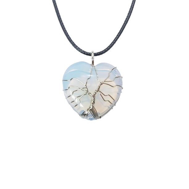 Zhuge Collar con colgante de árbol de la vida, joyería, colgante de plata hecho a mano, corazón de melocotón, piedra natural, corazón, cristal, collar de árbol de la vida (blanco leche)