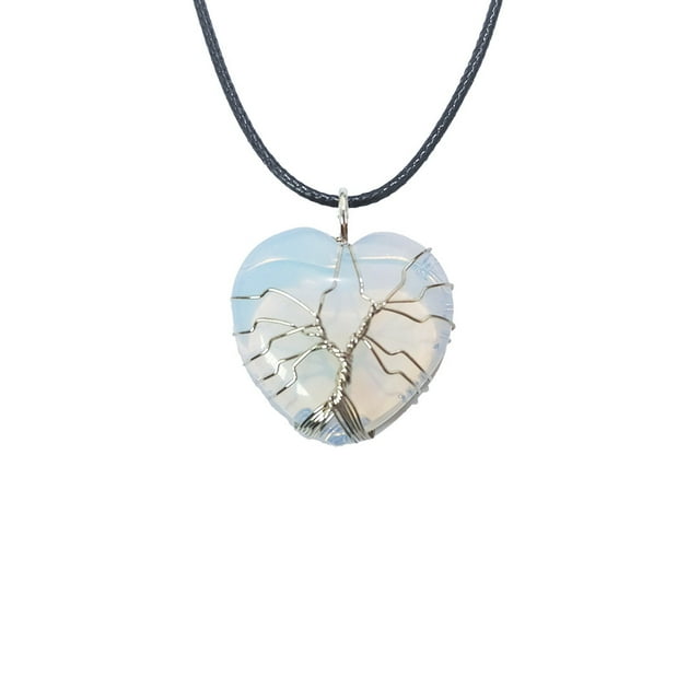 Nvzi Collar Colgante Collar Joyas Colgante Hecho a Mano, Plata Cuerda Manual Corazón de Melocotón Piedra Natural Corazón Cristal Árbol de la Vida Collar (Blanco Leche)